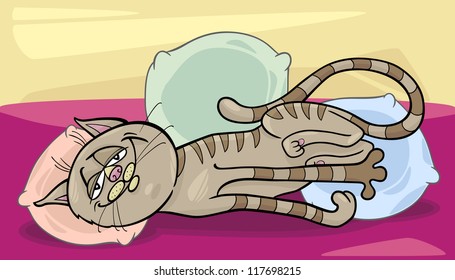 Cartoon Illustration of Happy Sleepy Tabby Cat on the Bed with Pillows