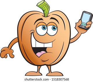 Cartoon illustration of a happy smiling pumpkin taking a selfie.