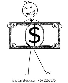 Cartoon illustration of happy smiling stick man businessman, manager, clerk or politician posing with large dollar bill or banknote