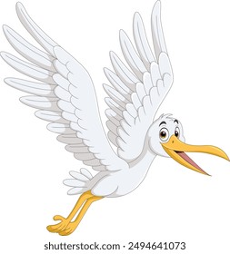 Cartoon illustration of a happy stork flying 