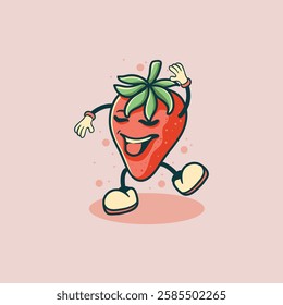 A cartoon illustration of a happy strawberry character with legs and arms dancing gleefully on a pink background.