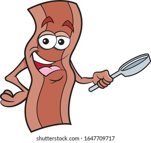 Cartoon illustration of a happy strip of bacon holding a frying pan.