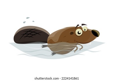 cartoon illustration of a happy swimming beaver