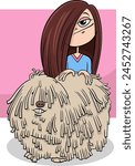 Cartoon illustration of happy teen girl with funny shaggy dog character