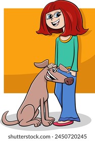 Cartoon illustration of happy teen girl with funny dog character