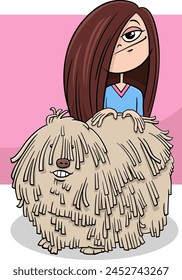 Cartoon illustration of happy teen girl with funny shaggy dog character