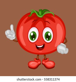 Cartoon Illustration of a Happy Tomato Pointing Up With Finger