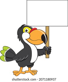 Cartoon illustration of a happy toucan holding a large sign.