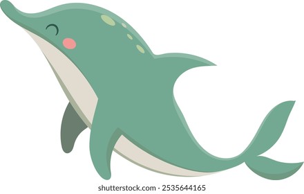 Cartoon illustration of a happy turquoise dolphin swimming underwater, showing its flippers and tail, ideal for children's books or educational materials