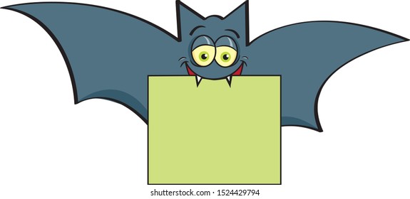 Cartoon illustration of a happy vampire bat holding a sign in it's mouth.