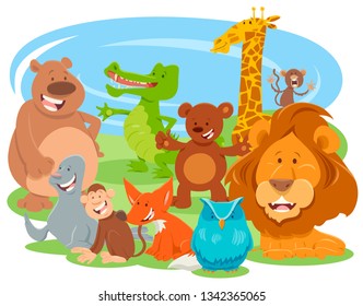 Cartoon Illustration of Happy Wild Animal Comic Characters Group