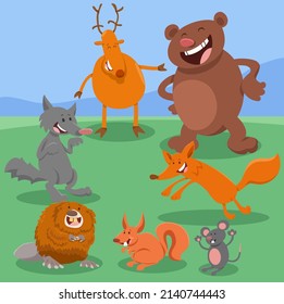 Cartoon illustration of happy wild animals characters group