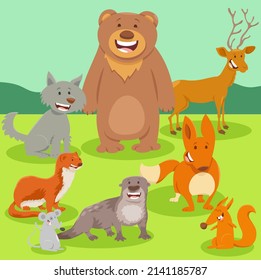 Cartoon illustration of happy wild animals comic characters
