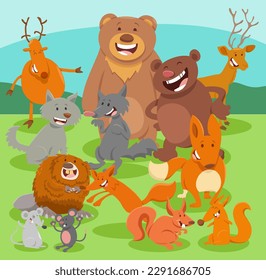 Cartoon illustration of happy wild animals comic characters group