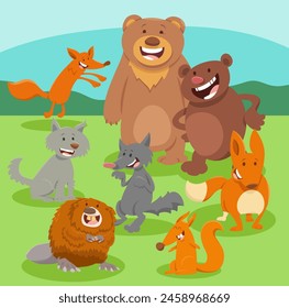 Cartoon illustration of happy wild animals comic characters group