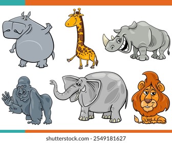 Cartoon illustration of happy wild animals comic characters set