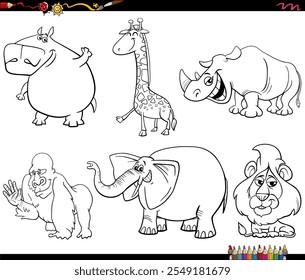 Cartoon illustration of happy wild animals comic characters set coloring page