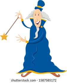 Cartoon illustration of Happy Wizard Fantasy Character with Magic Wand