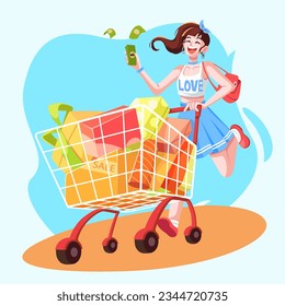 cartoon illustration of happy woman is shopping in the market and pushing a trolley