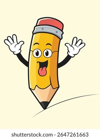 Cartoon illustration of a happy yellow pencil character wearing glasses, sticking out its tongue, waving with gloved hands, drawing a line on a cream background.