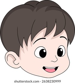 Cartoon illustration of a happy young boys face with big eyes and a smiling expression.