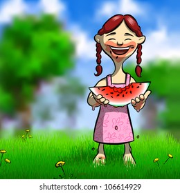 Cartoon illustration of a happy young girl with a big grin on her face eating a piece of watermelon in a sunny park with trees.