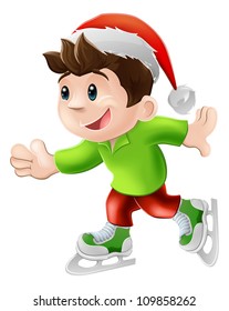 Cartoon Illustration Of A Happy Young Man Or Boy Having And Ice Skate In A Christmas Santa Hat