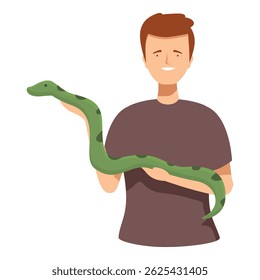 Cartoon illustration of a happy young man with a friendly green snake wrapped around his shoulders