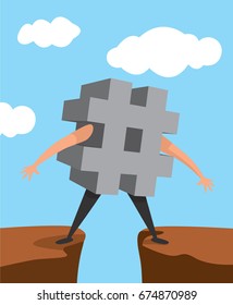 Cartoon illustration of hash tag standing between two cliffs