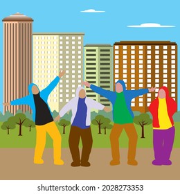 Cartoon illustration of having fun together in the city forest when welcoming a sunny day