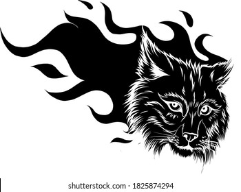 Cartoon illustration of the head of a snarling bobcat facing black silhouette forwards baring its teeth and staring balefully at the viewer isolated on white