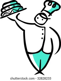 cartoon illustration of a head-cook with a cake on a tray at white background