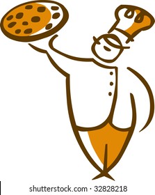 cartoon illustration of a head-cook with a pizza on a tray at white background