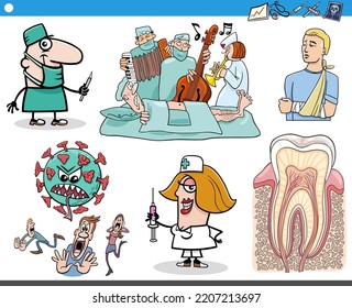 Cartoon illustration of health care and medical topics with comic characters and body parts set