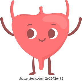 Cartoon illustration of a healthy happy human bladder raising arms and smiling, promoting awareness of urinary health and encouraging regular checkups