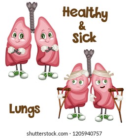 Cartoon Illustration of Healthy Happy Lungs and Sad Unhealthy Sick Lungs. Human Internal Organs. Vector Illustration