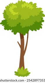 Cartoon illustration of a healthy tree with a thick brown trunk, lush green leaves forming a full crown, and small bushes at the base, creating a vibrant and lively image