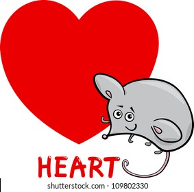 Cartoon Illustration of Heart Basic Shape with Funny Mouse Character for Children Education