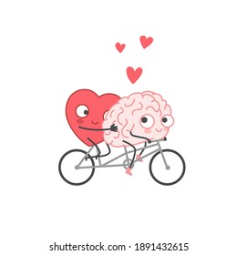 Cartoon Illustration of the Heart and Brain ride Bicycle. Heart and Brain fall in love. Happy Valentines Day Lettering.