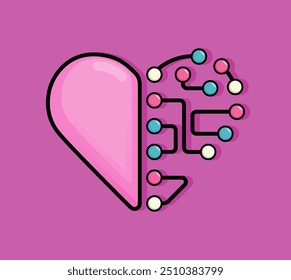 Cartoon Illustration of heart or love with half made of connected network. Can be used for birthdays, parties, Valentine Day, celebrations and printed on t-shirts, hoodies, tote bags