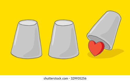 Cartoon illustration of heart or love hiding under cup game