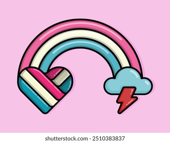 Cartoon Illustration of heart or love made of rainbow connected to thunderstorm clouds. Can be used for birthdays, parties, Valentine Day, celebrations and printed on t-shirts, hoodies, tote bags