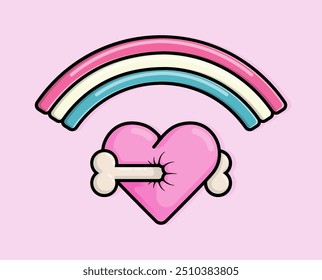 Cartoon Illustration von Herz oder Liebe mit Regenbogen darauf und durchbohrt von Knochen. Kann für Geburtstage, Partys, Valentinstag, Feiern und auf T-Shirts, Kapuzen, Taschen gedruckt werden