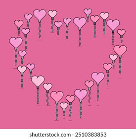 Cartoon Illustration of heart shaped balloons forming a pink heart formation. Can be used for birthdays, parties, Valentine Day, celebrations and printed on t-shirts, hoodies, tote bags