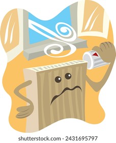 Cartoon illustration of a heater that is angry because the window is wide open