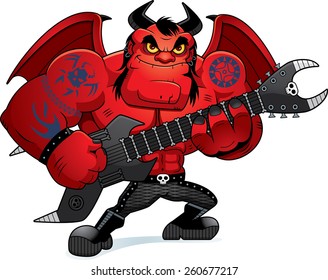 A cartoon illustration of a heavy metal demon playing guitar.