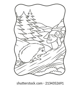 cartoon illustration the hedgehog walks on the trunk of a big fallen tree near the river book or page for kids black and white