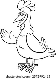 Cartoon illustration of hen or female chicken bird farm animal character coloring page