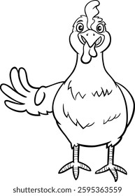 Cartoon illustration of hen or female chicken bird farm animal character waving his wing coloring page