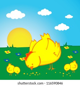 cartoon illustration of a hen with two chickens